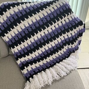 Handmade Chunky Crocheted Throw Blanket Tassels 56x72" Afghan Purple White Black